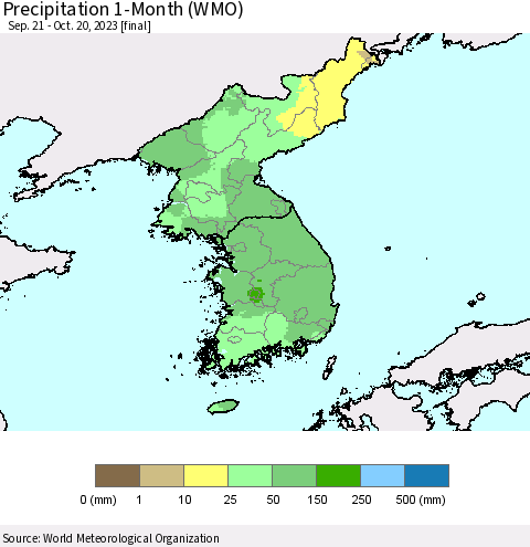 Korea Precipitation 1-Month (WMO) Thematic Map For 9/21/2023 - 10/20/2023