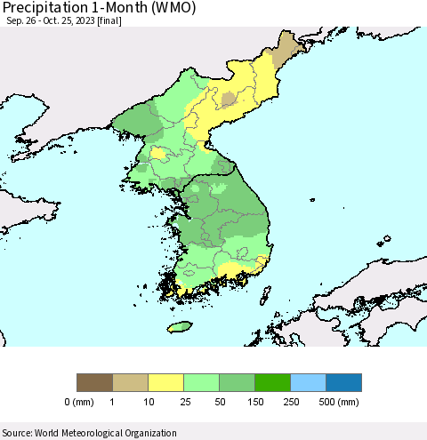 Korea Precipitation 1-Month (WMO) Thematic Map For 9/26/2023 - 10/25/2023