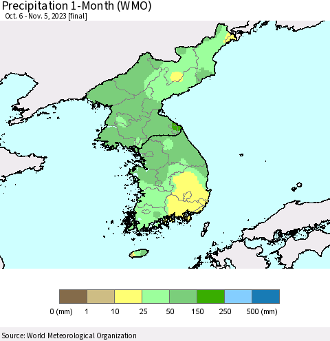 Korea Precipitation 1-Month (WMO) Thematic Map For 10/6/2023 - 11/5/2023