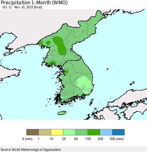Korea Precipitation 1-Month (WMO) Thematic Map For 10/11/2023 - 11/10/2023