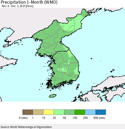 Korea Precipitation 1-Month (WMO) Thematic Map For 11/6/2023 - 12/5/2023