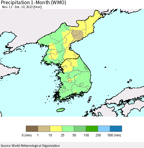 Korea Precipitation 1-Month (WMO) Thematic Map For 11/11/2023 - 12/10/2023