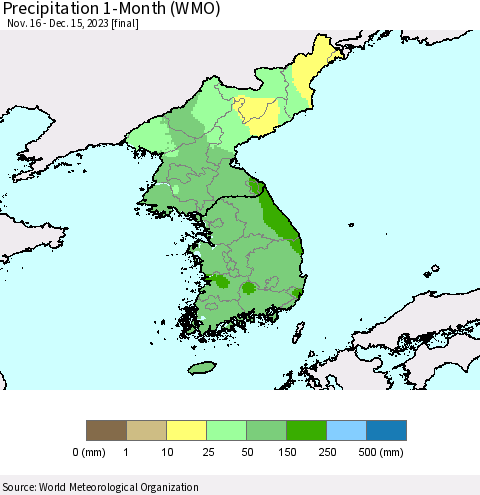 Korea Precipitation 1-Month (WMO) Thematic Map For 11/16/2023 - 12/15/2023