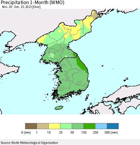 Korea Precipitation 1-Month (WMO) Thematic Map For 11/26/2023 - 12/25/2023