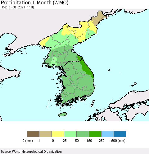 Korea Precipitation 1-Month (WMO) Thematic Map For 12/1/2023 - 12/31/2023