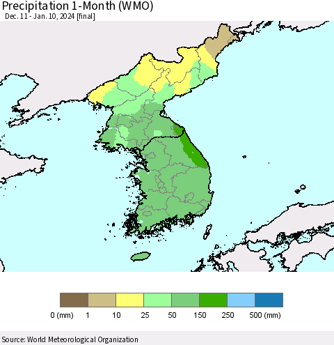 Korea Precipitation 1-Month (WMO) Thematic Map For 12/11/2023 - 1/10/2024