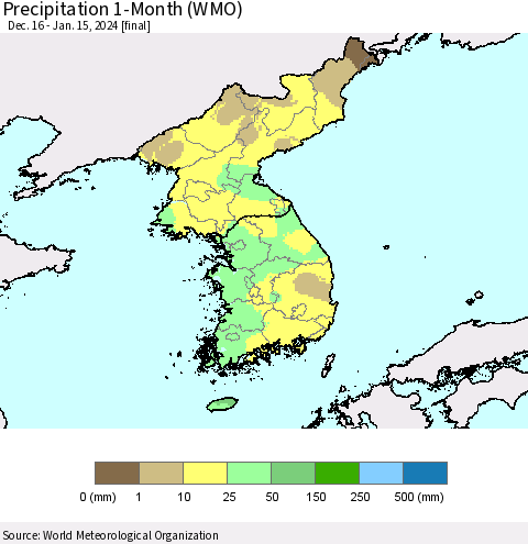 Korea Precipitation 1-Month (WMO) Thematic Map For 12/16/2023 - 1/15/2024