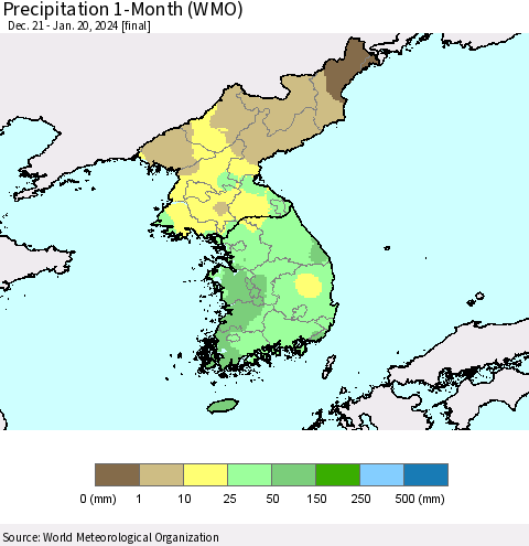 Korea Precipitation 1-Month (WMO) Thematic Map For 12/21/2023 - 1/20/2024