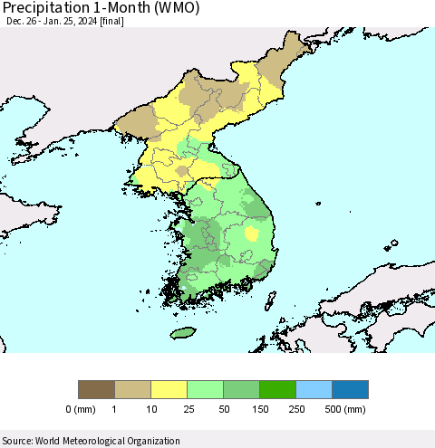 Korea Precipitation 1-Month (WMO) Thematic Map For 12/26/2023 - 1/25/2024
