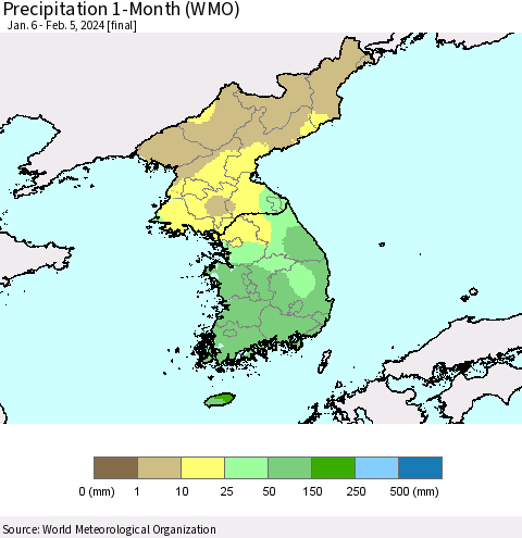 Korea Precipitation 1-Month (WMO) Thematic Map For 1/6/2024 - 2/5/2024