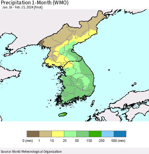 Korea Precipitation 1-Month (WMO) Thematic Map For 1/16/2024 - 2/15/2024