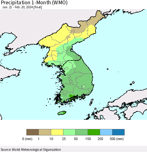 Korea Precipitation 1-Month (WMO) Thematic Map For 1/21/2024 - 2/20/2024