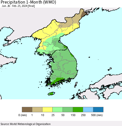 Korea Precipitation 1-Month (WMO) Thematic Map For 1/26/2024 - 2/25/2024