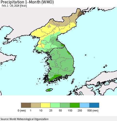 Korea Precipitation 1-Month (WMO) Thematic Map For 2/1/2024 - 2/29/2024