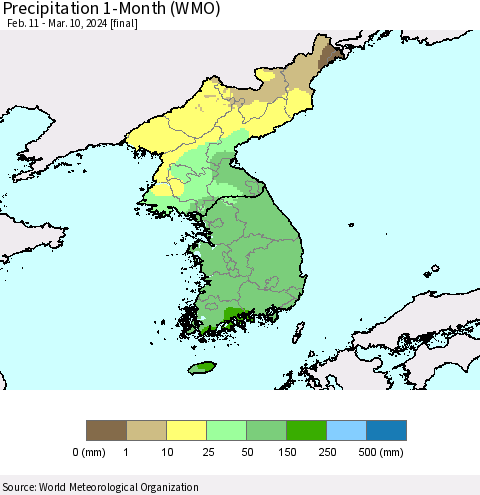 Korea Precipitation 1-Month (WMO) Thematic Map For 2/11/2024 - 3/10/2024