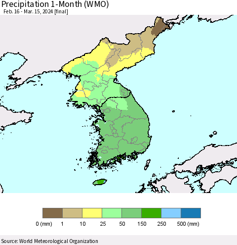 Korea Precipitation 1-Month (WMO) Thematic Map For 2/16/2024 - 3/15/2024