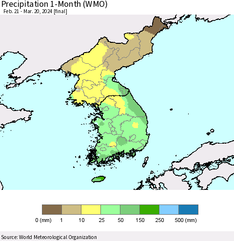 Korea Precipitation 1-Month (WMO) Thematic Map For 2/21/2024 - 3/20/2024