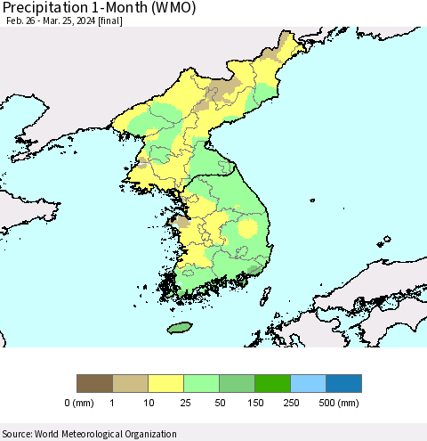 Korea Precipitation 1-Month (WMO) Thematic Map For 2/26/2024 - 3/25/2024