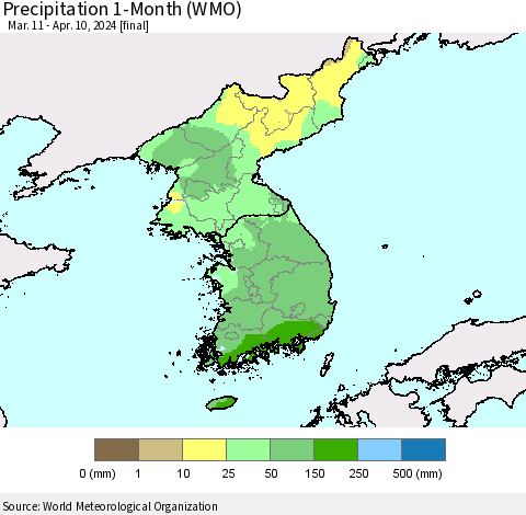 Korea Precipitation 1-Month (WMO) Thematic Map For 3/11/2024 - 4/10/2024