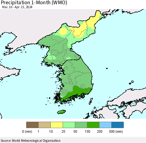 Korea Precipitation 1-Month (WMO) Thematic Map For 3/16/2024 - 4/15/2024