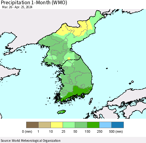 Korea Precipitation 1-Month (WMO) Thematic Map For 3/26/2024 - 4/25/2024