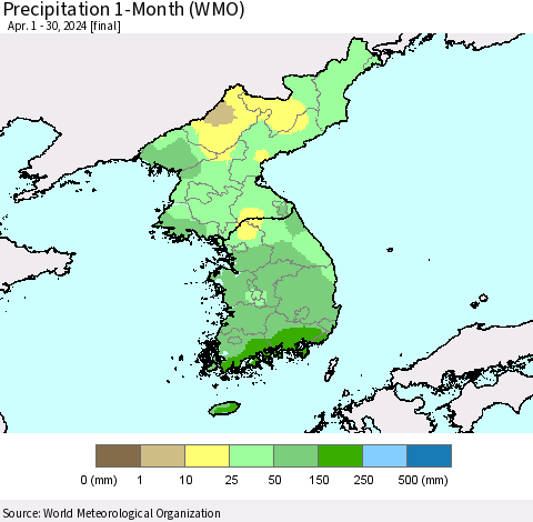 Korea Precipitation 1-Month (WMO) Thematic Map For 4/1/2024 - 4/30/2024