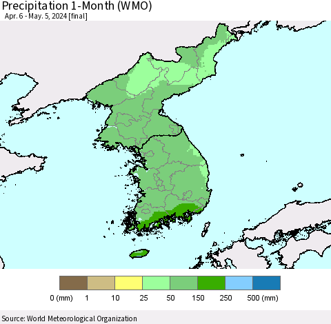 Korea Precipitation 1-Month (WMO) Thematic Map For 4/6/2024 - 5/5/2024