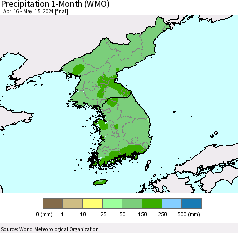 Korea Precipitation 1-Month (WMO) Thematic Map For 4/16/2024 - 5/15/2024