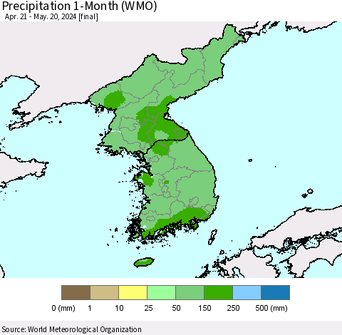 Korea Precipitation 1-Month (WMO) Thematic Map For 4/21/2024 - 5/20/2024