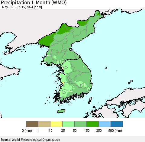 Korea Precipitation 1-Month (WMO) Thematic Map For 5/16/2024 - 6/15/2024