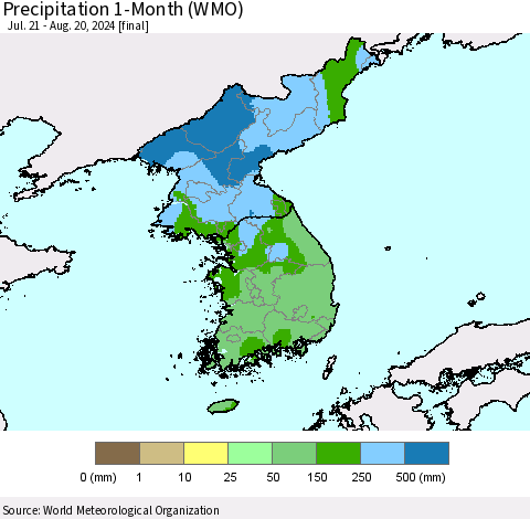 Korea Precipitation 1-Month (WMO) Thematic Map For 7/21/2024 - 8/20/2024