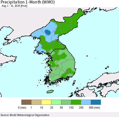 Korea Precipitation 1-Month (WMO) Thematic Map For 8/1/2024 - 8/31/2024