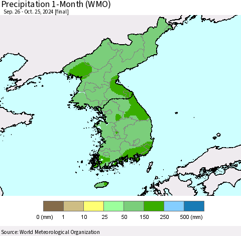 Korea Precipitation 1-Month (WMO) Thematic Map For 9/26/2024 - 10/25/2024