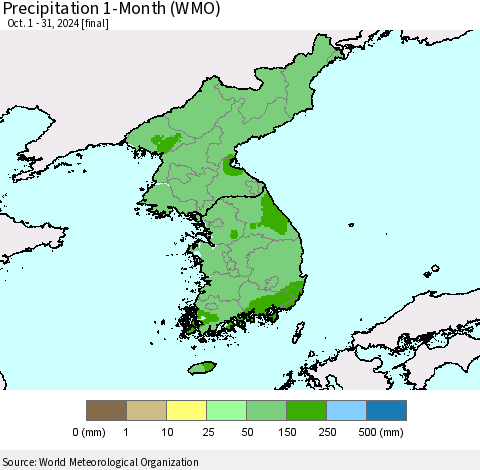 Korea Precipitation 1-Month (WMO) Thematic Map For 10/1/2024 - 10/31/2024