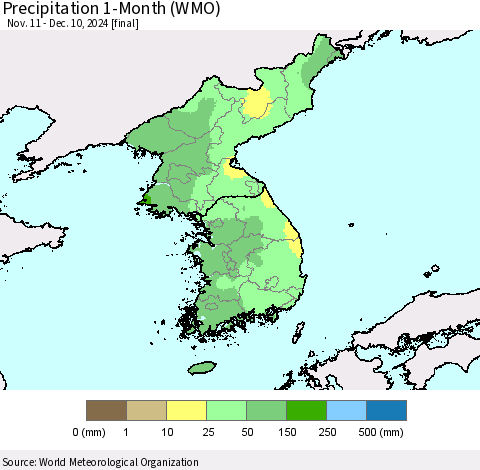 Korea Precipitation 1-Month (WMO) Thematic Map For 11/11/2024 - 12/10/2024