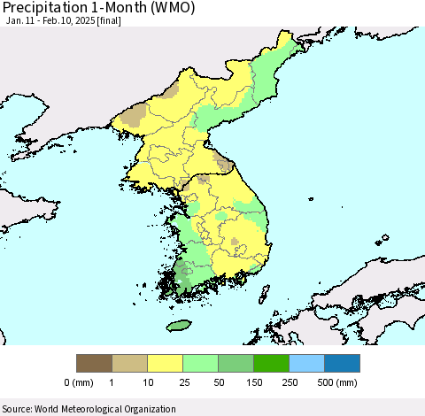 Korea Precipitation 1-Month (WMO) Thematic Map For 1/11/2025 - 2/10/2025