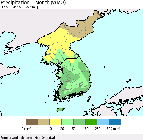 Korea Precipitation 1-Month (WMO) Thematic Map For 2/6/2025 - 3/5/2025