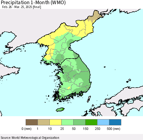 Korea Precipitation 1-Month (WMO) Thematic Map For 2/26/2025 - 3/25/2025