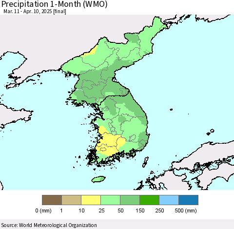 Korea Precipitation 1-Month (WMO) Thematic Map For 3/11/2025 - 4/10/2025