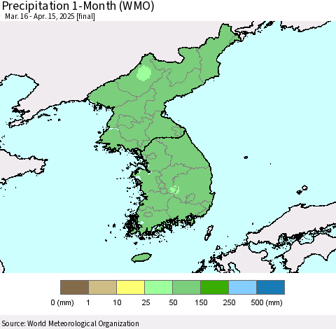 Korea Precipitation 1-Month (WMO) Thematic Map For 3/16/2025 - 4/15/2025