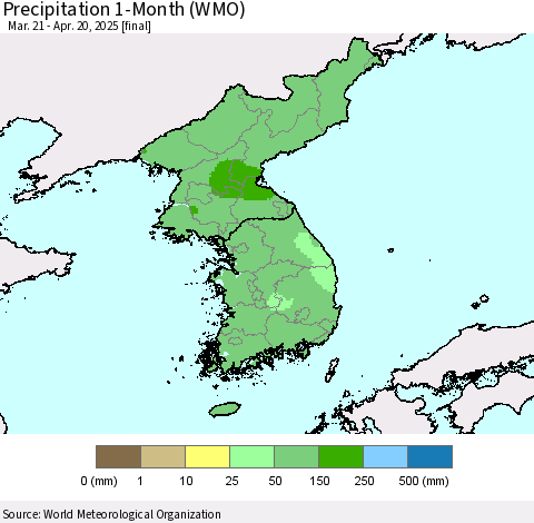 Korea Precipitation 1-Month (WMO) Thematic Map For 3/21/2025 - 4/20/2025