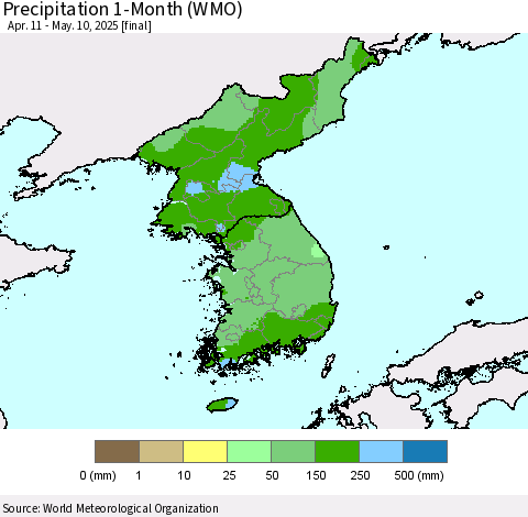 Korea Precipitation 1-Month (WMO) Thematic Map For 4/11/2025 - 5/10/2025
