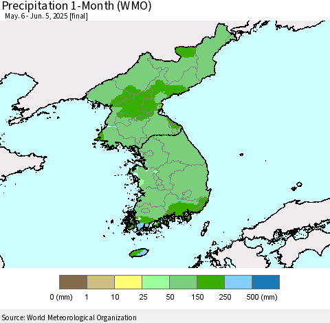 Korea Precipitation 1-Month (WMO) Thematic Map For 5/6/2025 - 6/5/2025