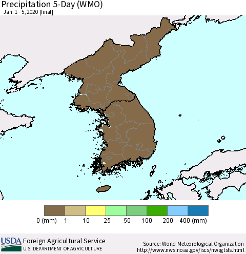 Korea Precipitation 5-Day (WMO) Thematic Map For 1/1/2020 - 1/5/2020