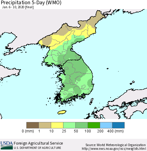Korea Precipitation 5-Day (WMO) Thematic Map For 1/6/2020 - 1/10/2020