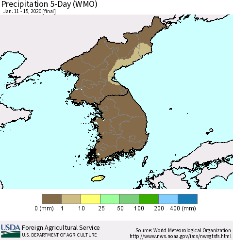 Korea Precipitation 5-Day (WMO) Thematic Map For 1/11/2020 - 1/15/2020