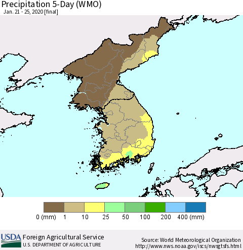 Korea Precipitation 5-Day (WMO) Thematic Map For 1/21/2020 - 1/25/2020