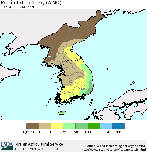 Korea Precipitation 5-Day (WMO) Thematic Map For 1/26/2020 - 1/31/2020