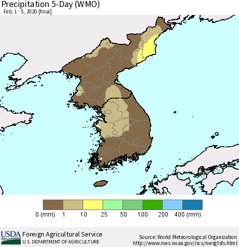 Korea Precipitation 5-Day (WMO) Thematic Map For 2/1/2020 - 2/5/2020