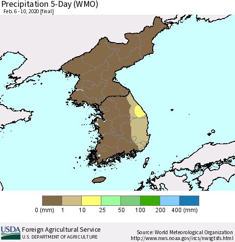 Korea Precipitation 5-Day (WMO) Thematic Map For 2/6/2020 - 2/10/2020